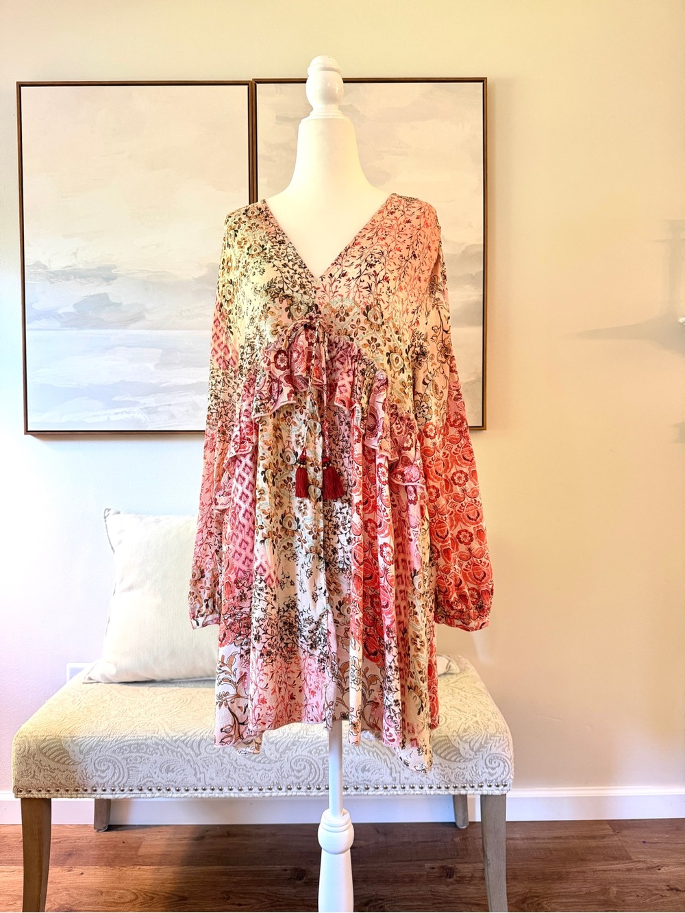 Zara Pink Boho Floral Long Sleeve Mini Dress | Medium